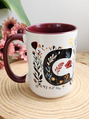 Letter "C" Floral Monogram Coffee Cup Mug White Burgundy